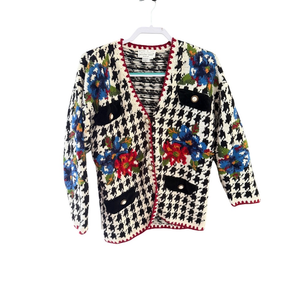 Jennifer Reed Vintage Hand Knitted Houndstooth Floral Cardigan Pearl Button Sm
